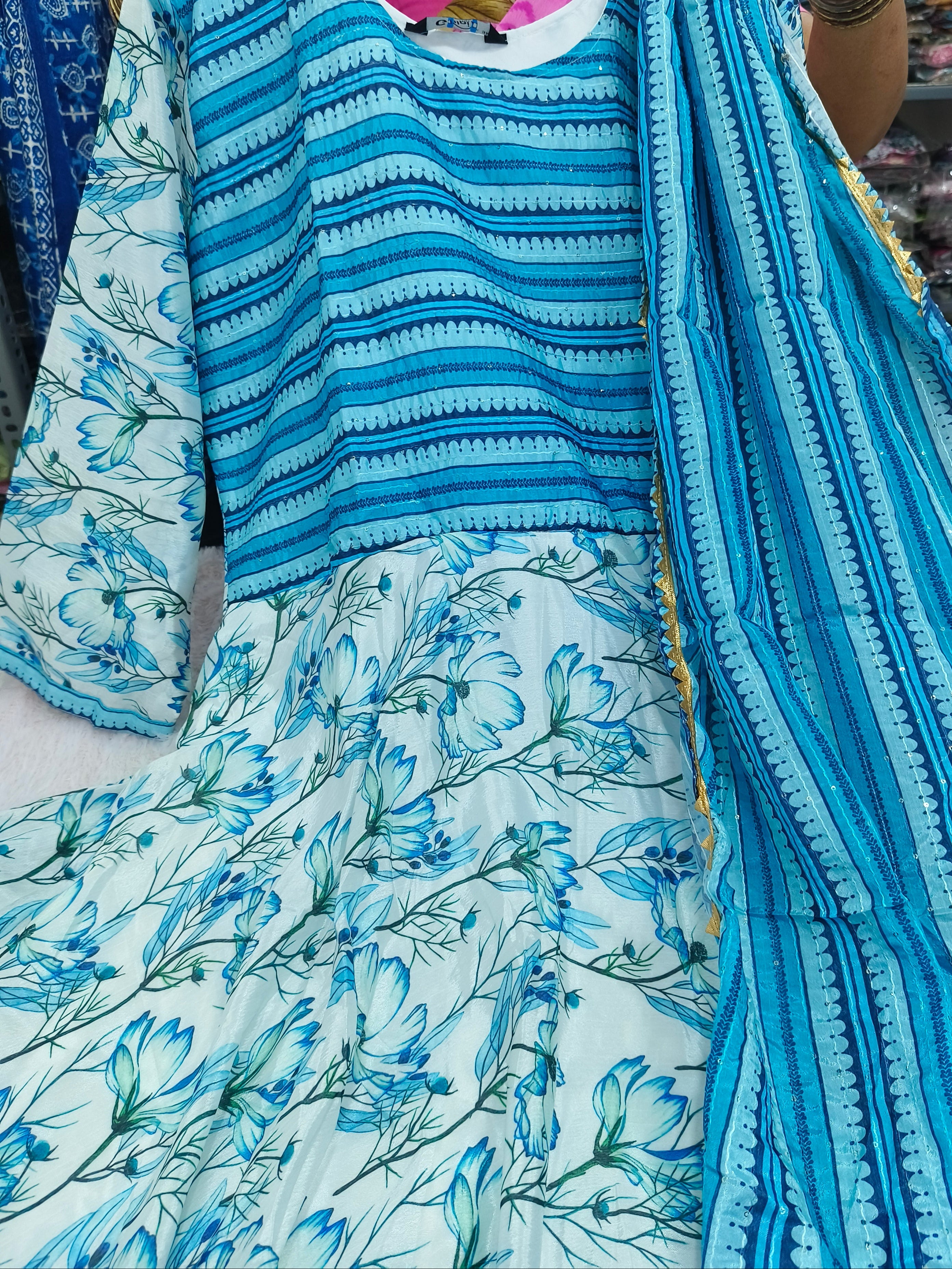 Blue Premium Roman Silk Anarkali lining Long Gown with Silk Dupatta