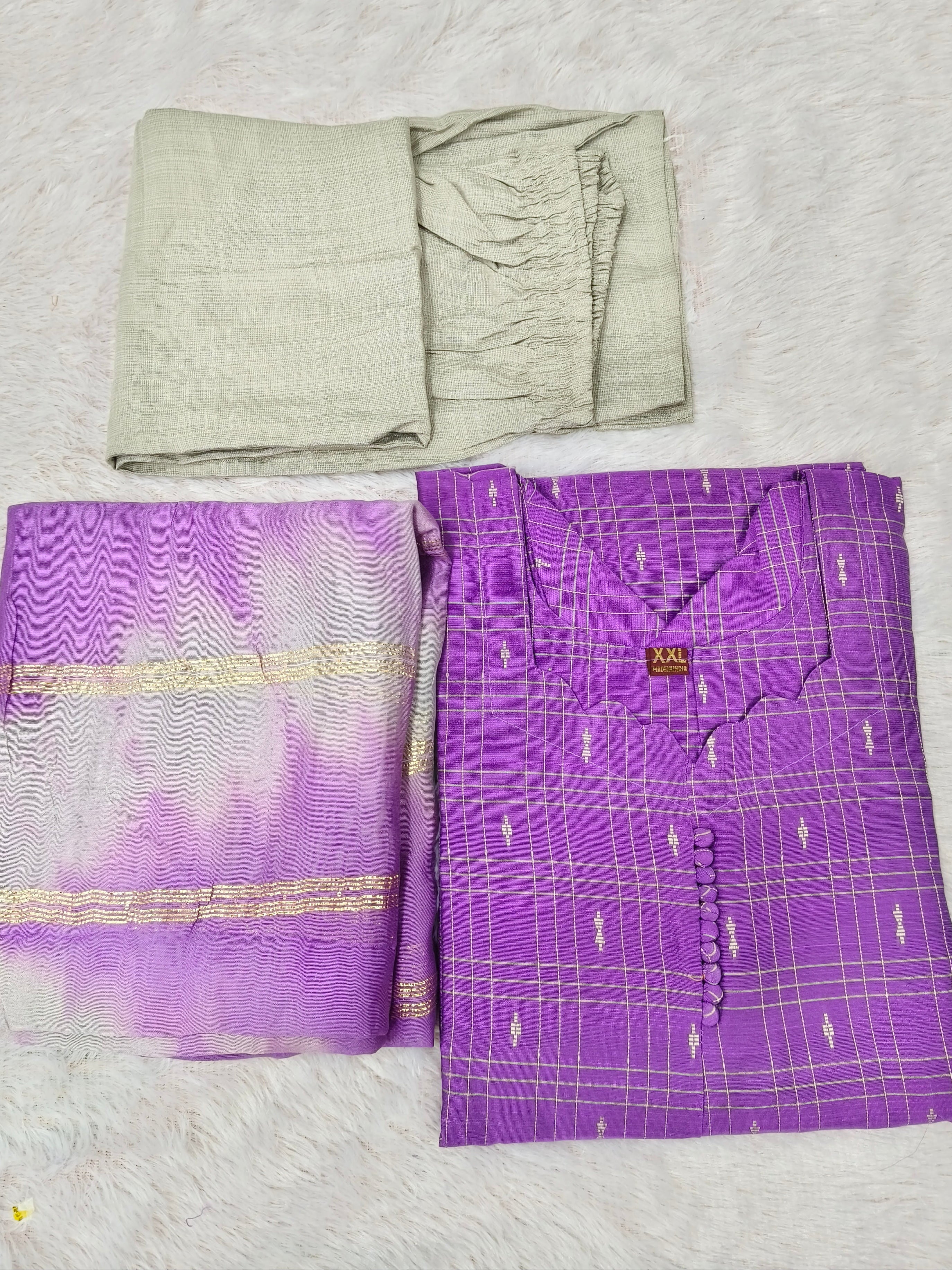 Violet Checked Raw Silk Kurti Set with Silk Pant & Zari Dupatta - 3 piece set