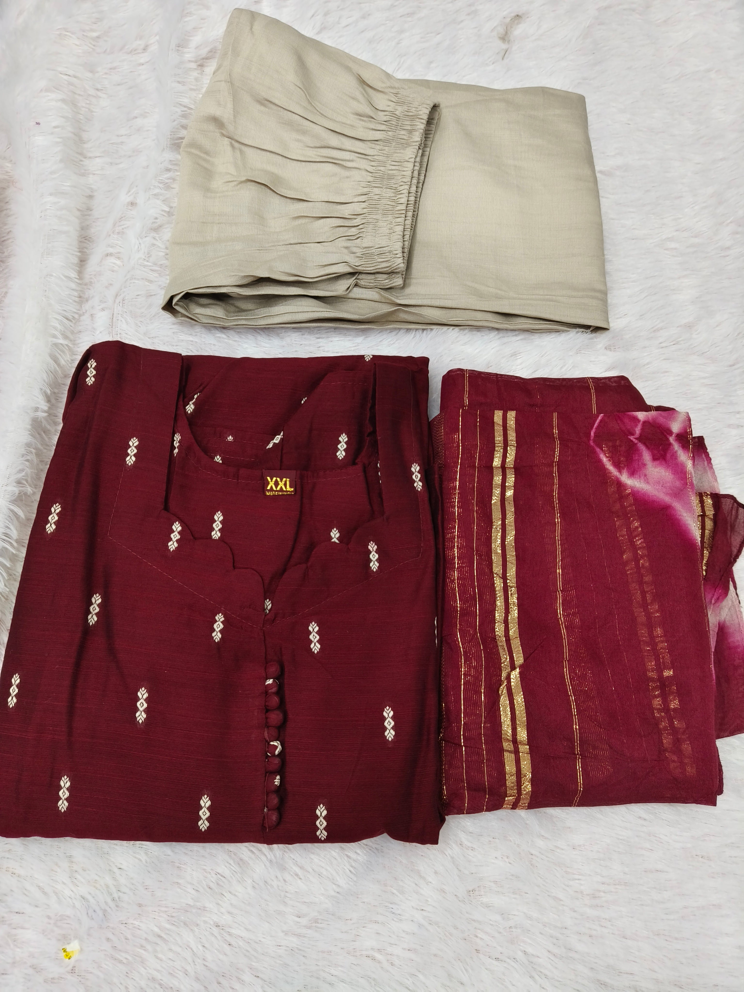 Maroon Raw Silk Kurti Set with Silk Pant & Zari Dupatta - 3 piece set