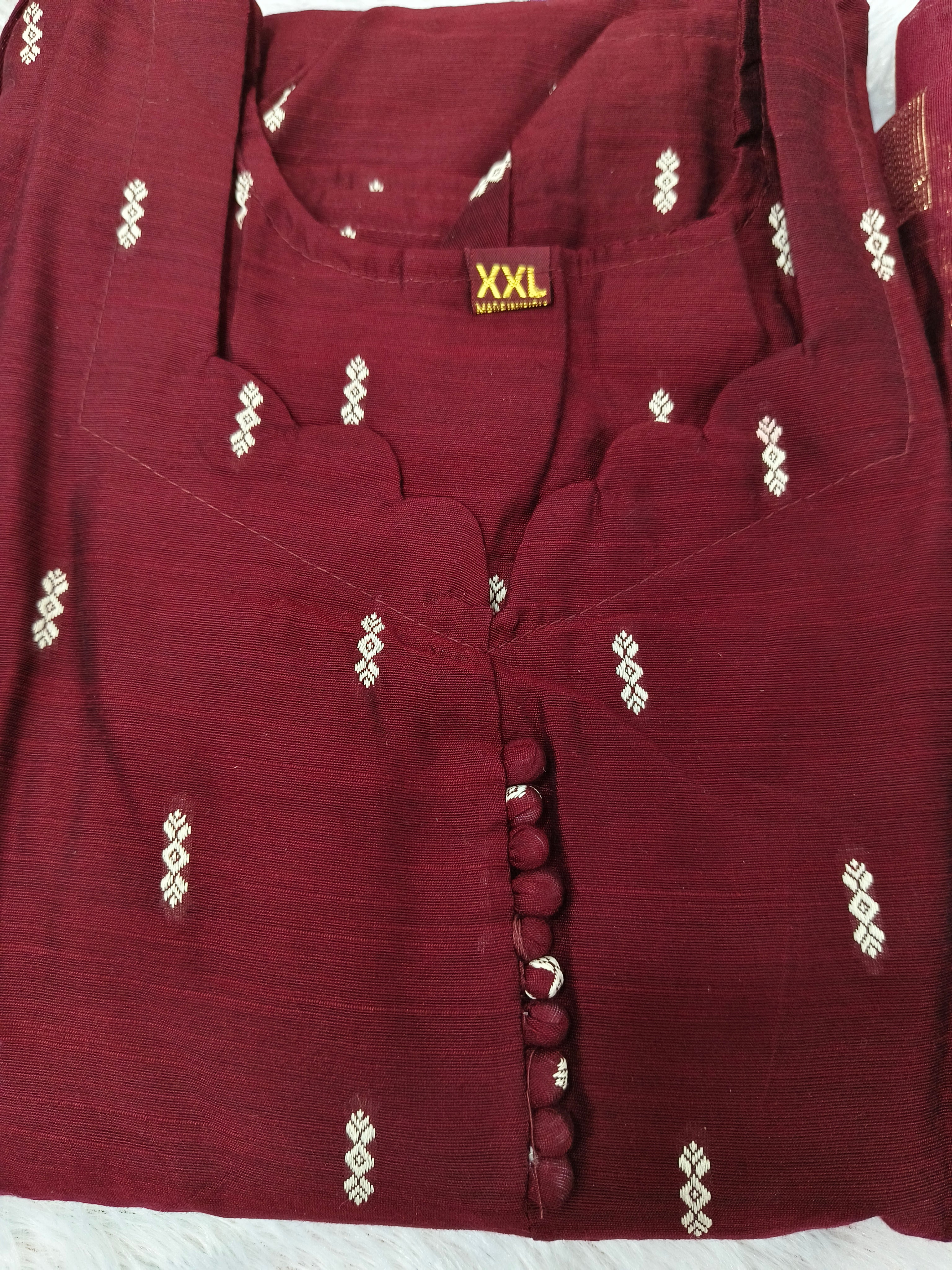 Maroon Raw Silk Kurti Set with Silk Pant & Zari Dupatta - 3 piece set