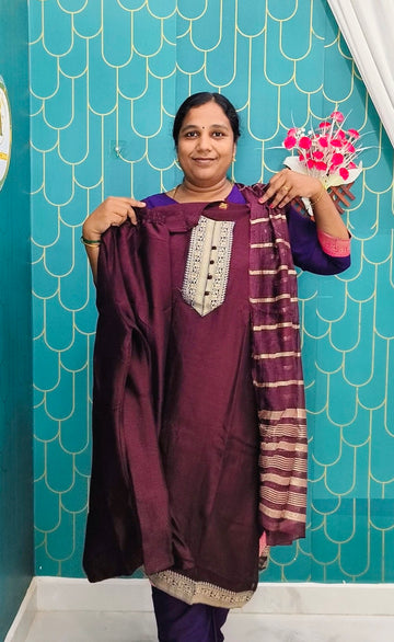Coffee shade Vichitra Silk Kurti Pant & Zari Dupatta Set with Lining | Elegant Ethnic Wear Set