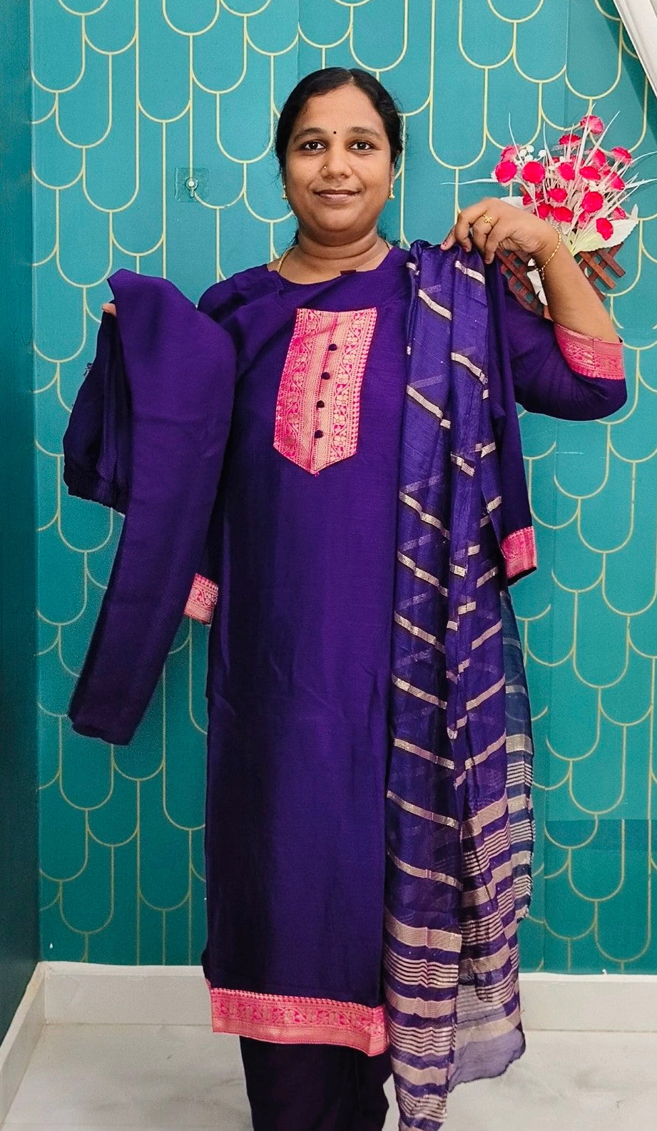 Violet premium Vichitra Silk kurti, pant and zari work dupatta with complete lining | Festive wear