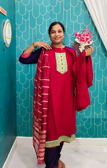 Maroon Vichitra Silk Kurti Pant & Zari Dupatta Set with Lining | Elegant Ethnic Wear Set
