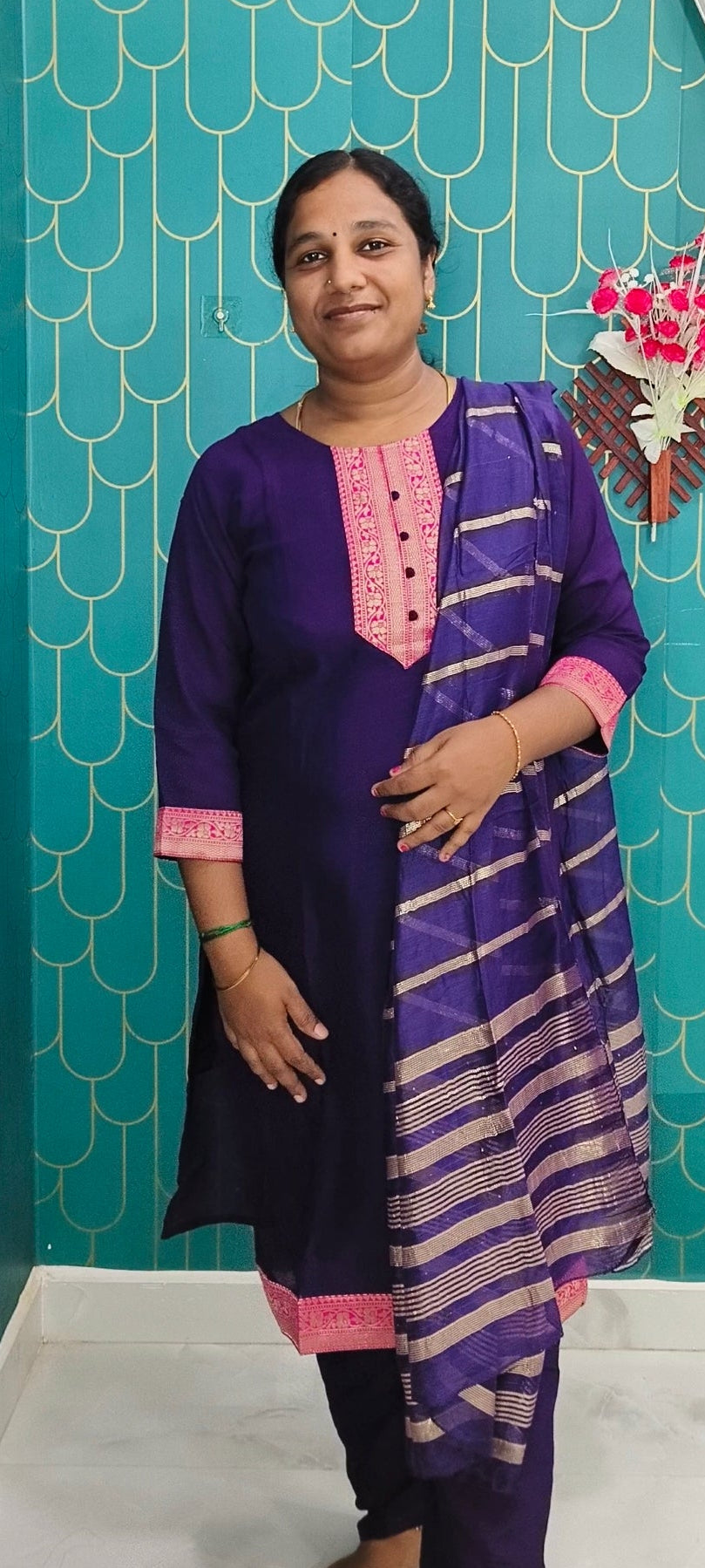 Violet premium Vichitra Silk kurti, pant and zari work dupatta with complete lining | Festive wear