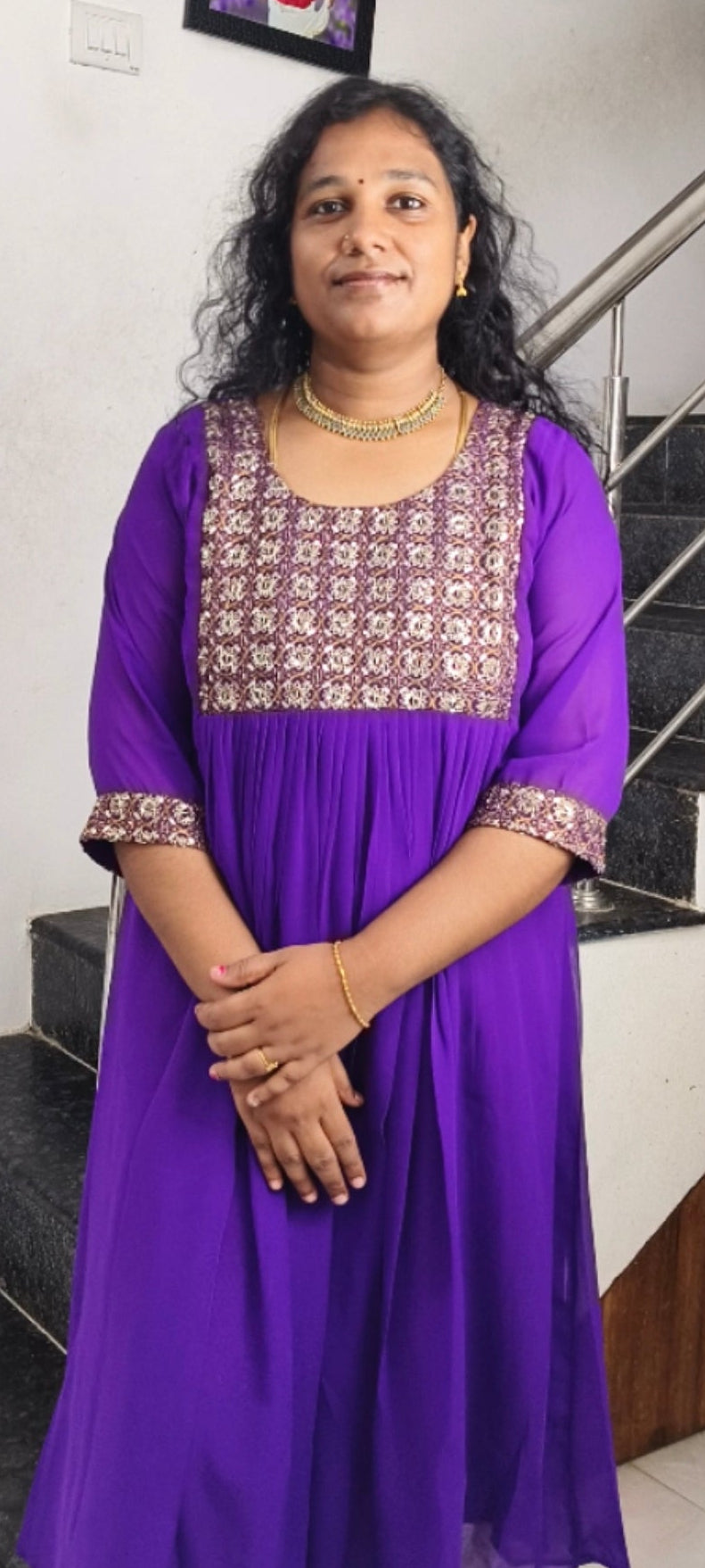 Violet Premium Georgette Pleated Maxi Dress with Heavy Handwork