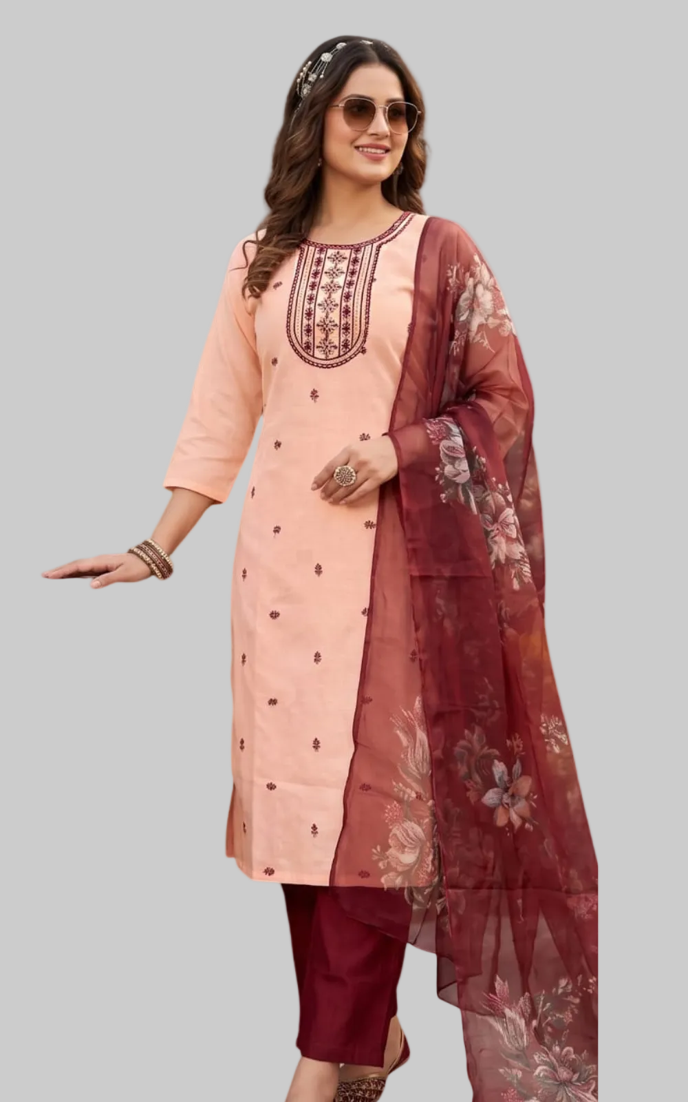 Peach shade Vatican Silk Plus Size Kurti Set with Pant & Organza Dupatta | 3 Piece Ethnic Wear