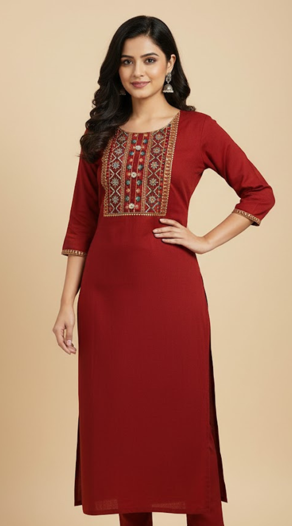 Premium Vichithra Silk Embroidered Side-Open Lining Kurti for Women