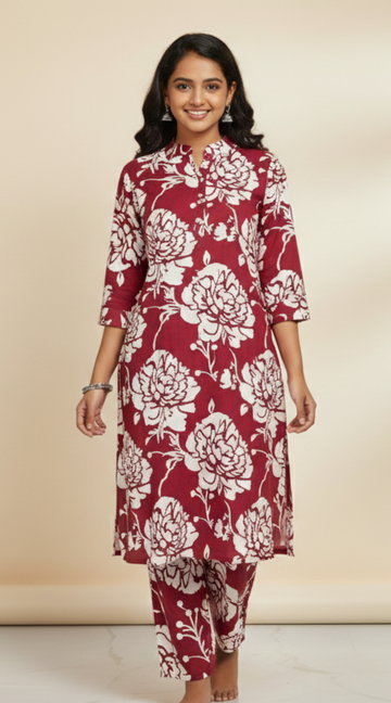 Maroon Cotton Floral Printed A-line Co-ord Set for Women (Top & Pant Set)