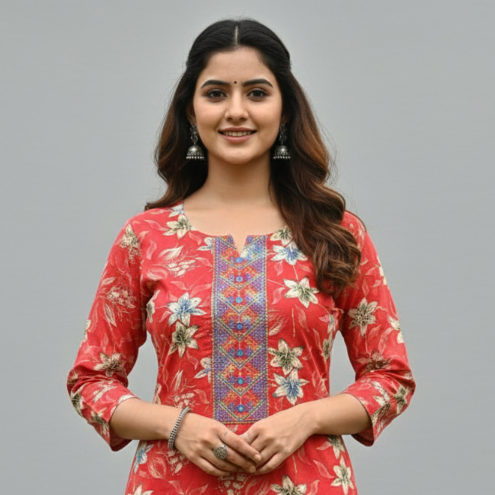 Cherry Red Rayon Office Wear Kurti with Mustard Contrast & Embroidered Neck