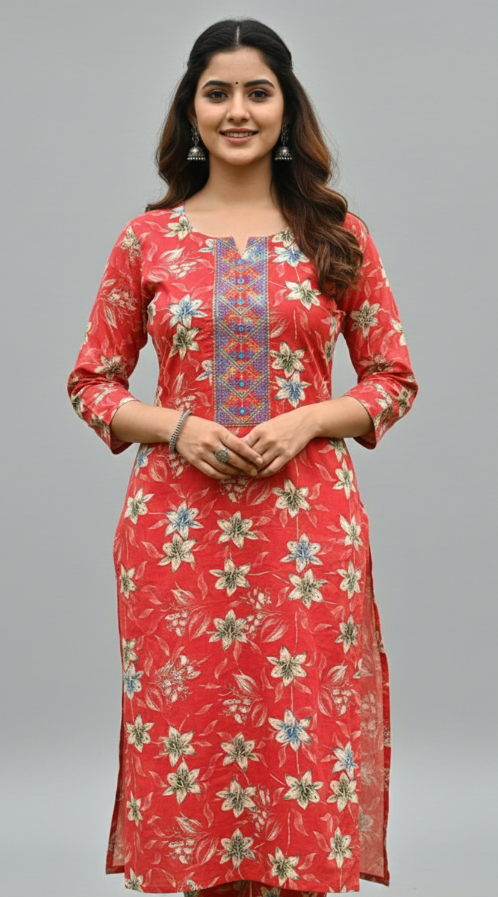 Cherry Red Rayon Office Wear Kurti with Mustard Contrast & Embroidered Neck