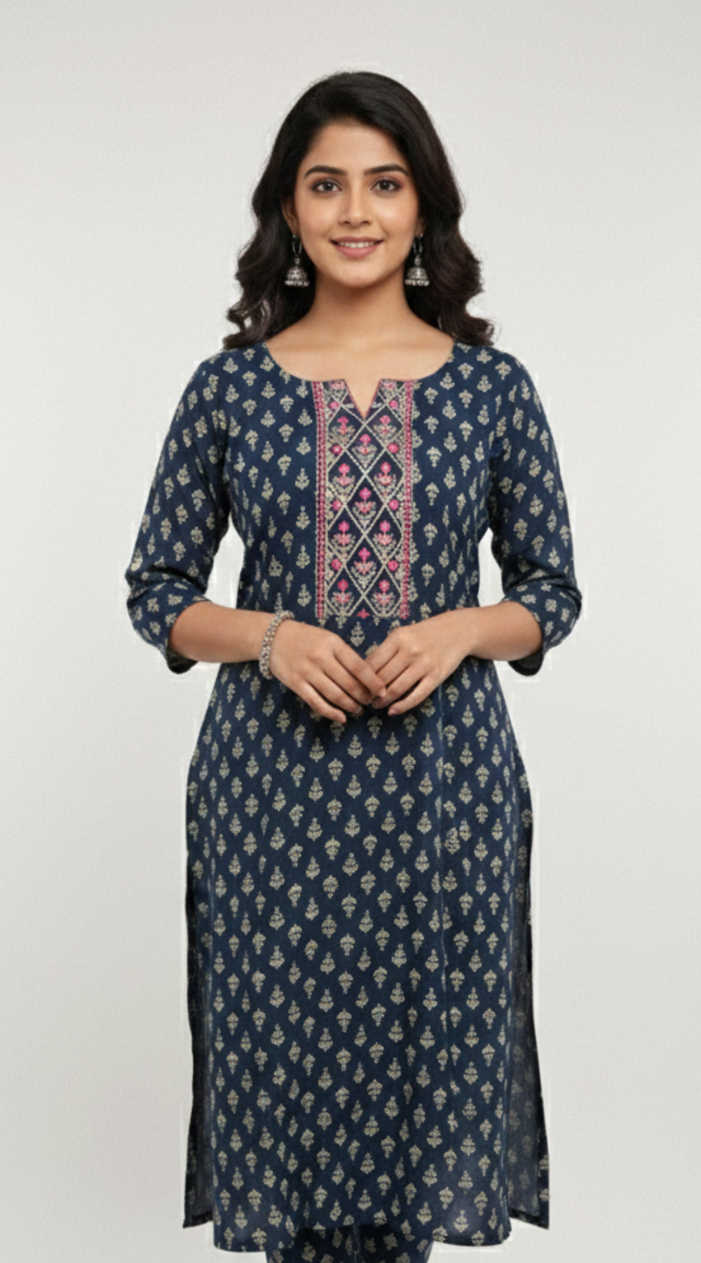 Peacock Blue Rayon Office Wear Kurti with Embroidered Front Panel