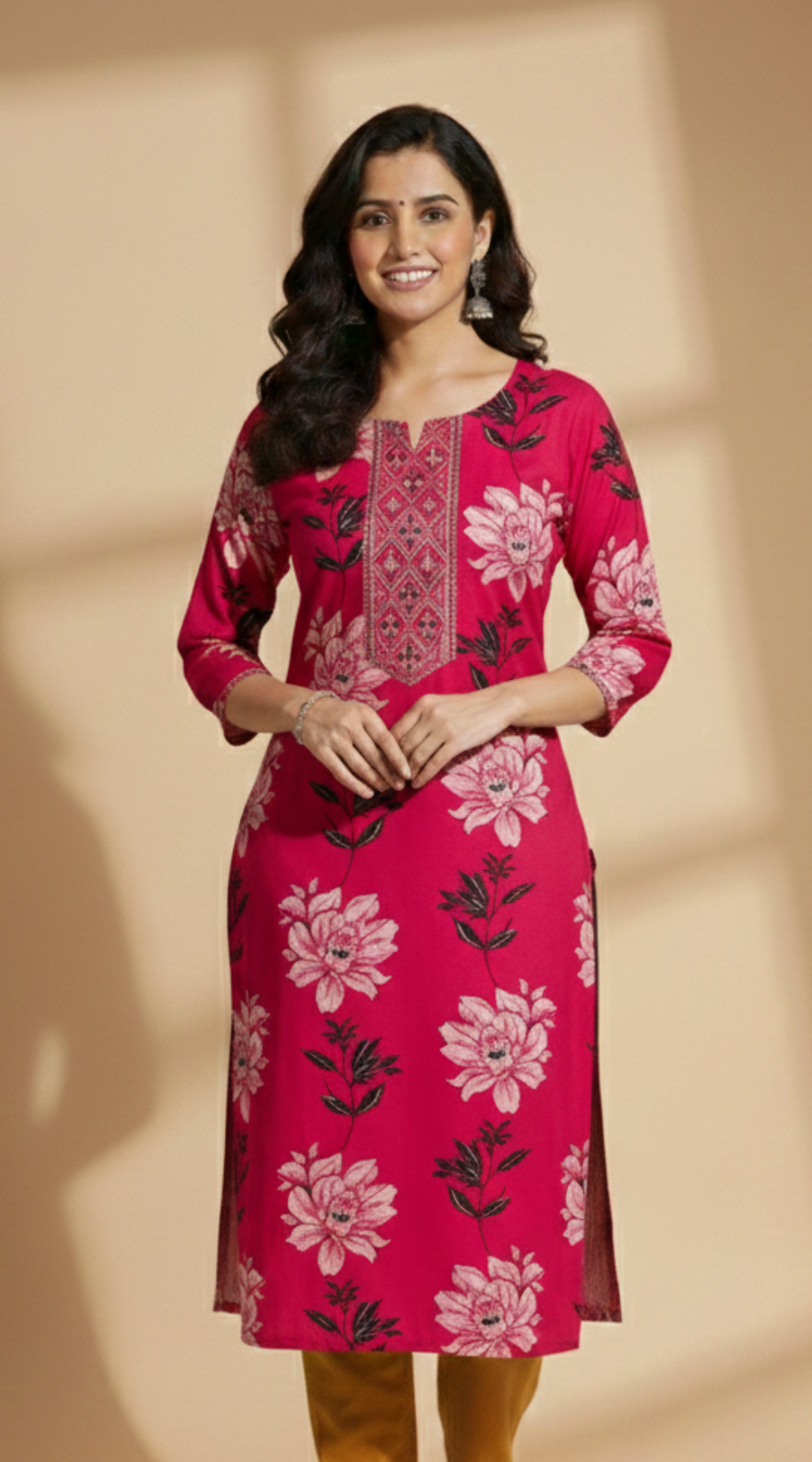 Hot Pink Rayon Office Wear Kurti with Embroidered Front Panel
