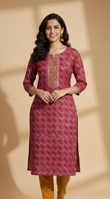 Pink Rayon Office Wear Kurti with Embroidered Front Panel