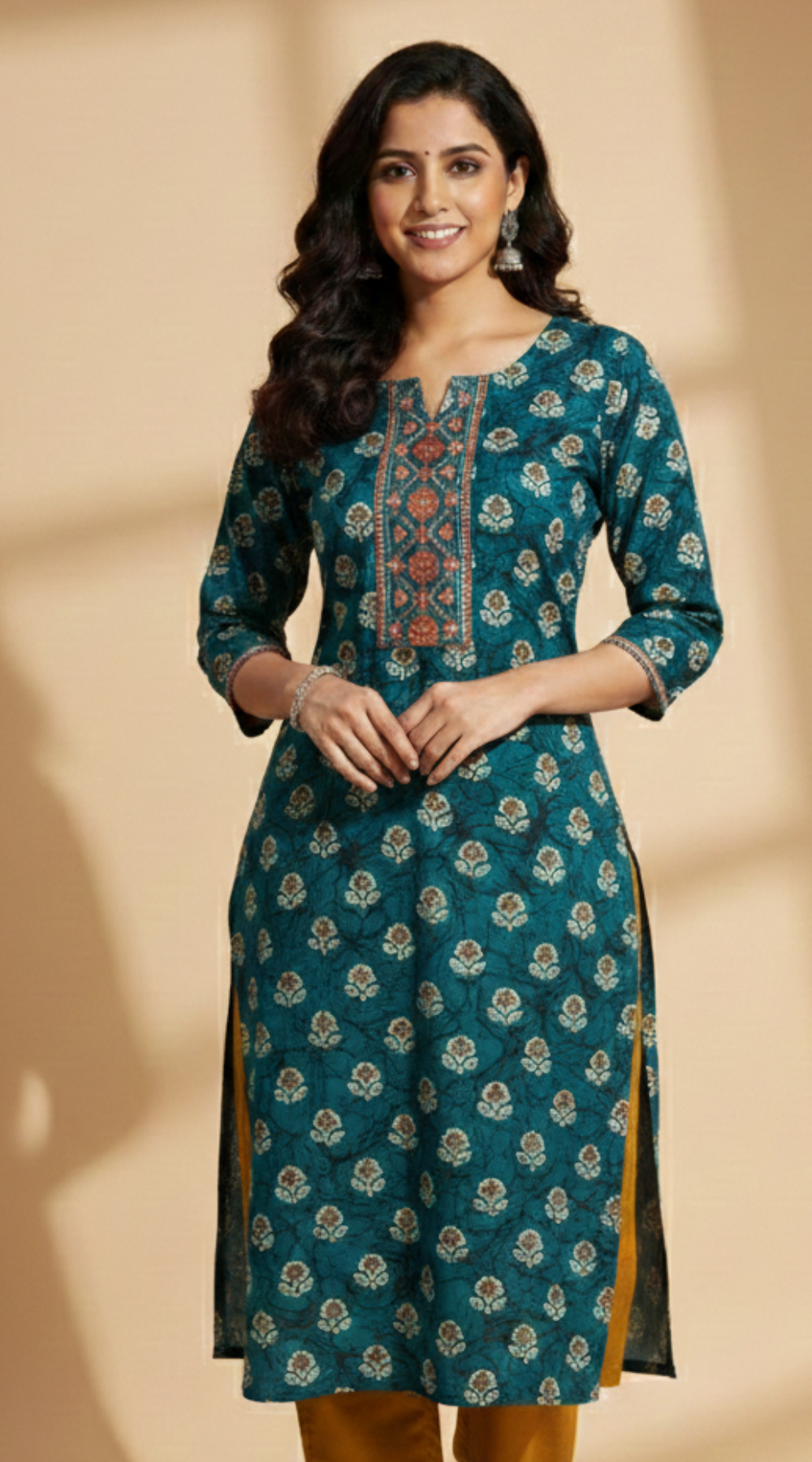 Blue shade Rayon Office Wear Kurti with Embroidered Front Panel