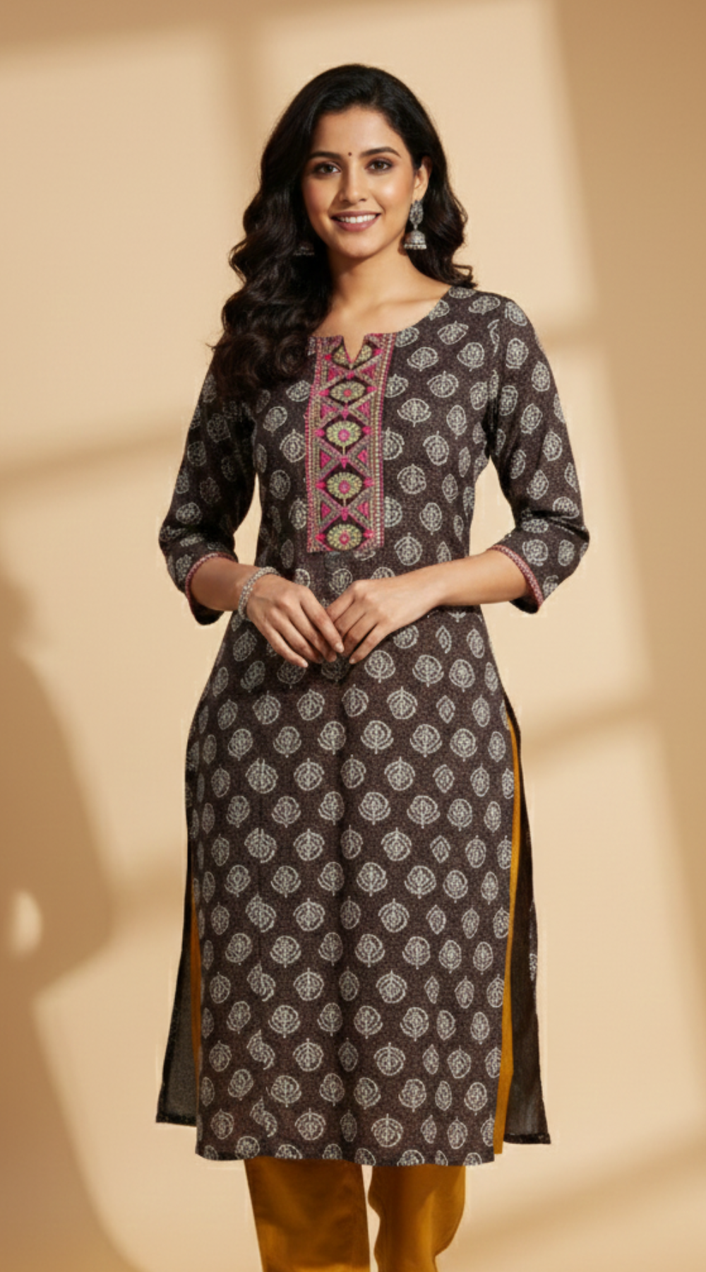 Brown Rayon Office Wear Kurti with Embroidered Front Panel