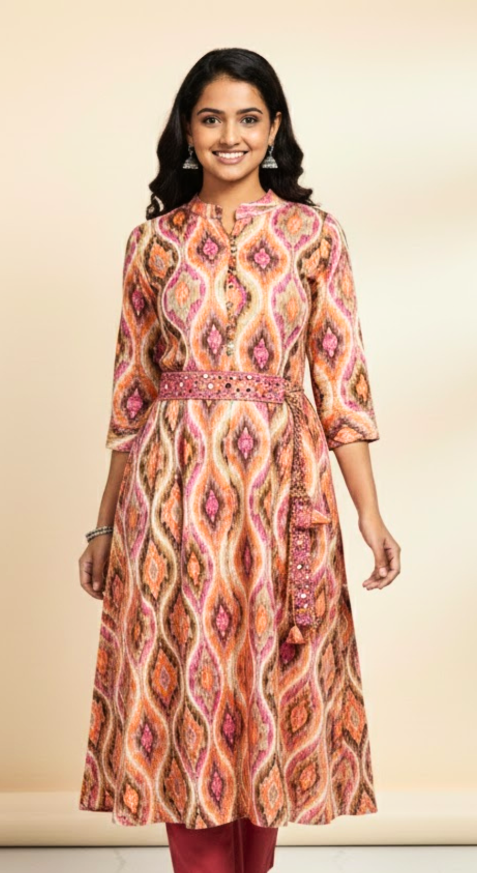 Ikat Print Umbrella Collar Neck Kurti with Mirrorwork Belt – Trendy Ethnic Wear for Women