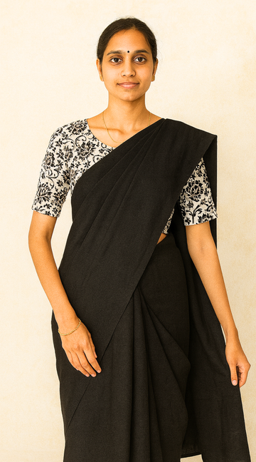 Black Premium Khadi Saree with Unstitched Kalamkari Blouse Combo