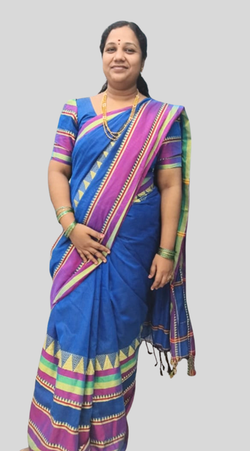 Peacock Blue Elegant Cotton Handloom Saree with Kanchi - Style Temple Border