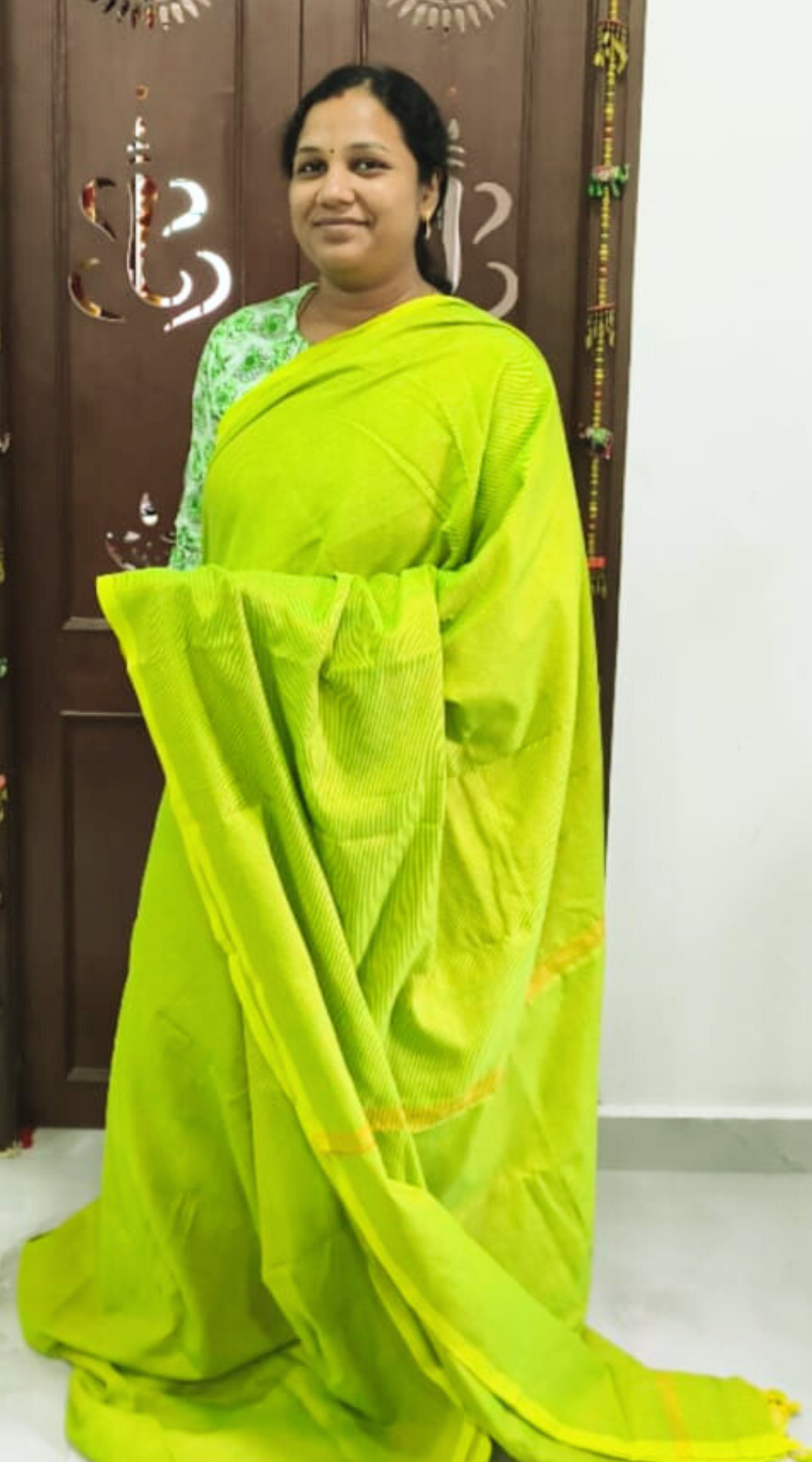 Parrot Green Premium Khadi Saree with Fine Zari Lines with Running Blouse (6.3 Metres)