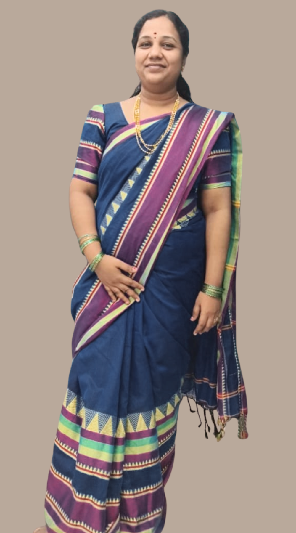 Navy Blue Elegant Cotton Handloom Saree with Kanchi-Style Temple Border