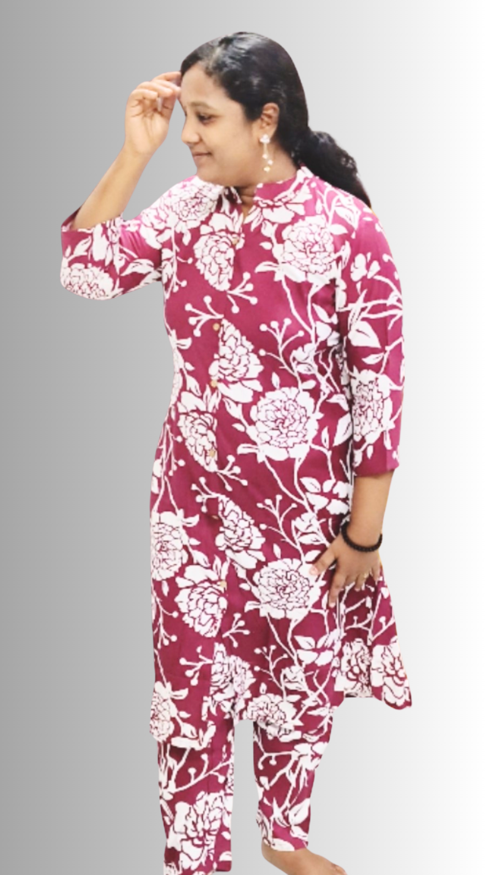 Maroon Cotton Floral Printed A-line Co-ord Set for Women (Top & Pant Set)