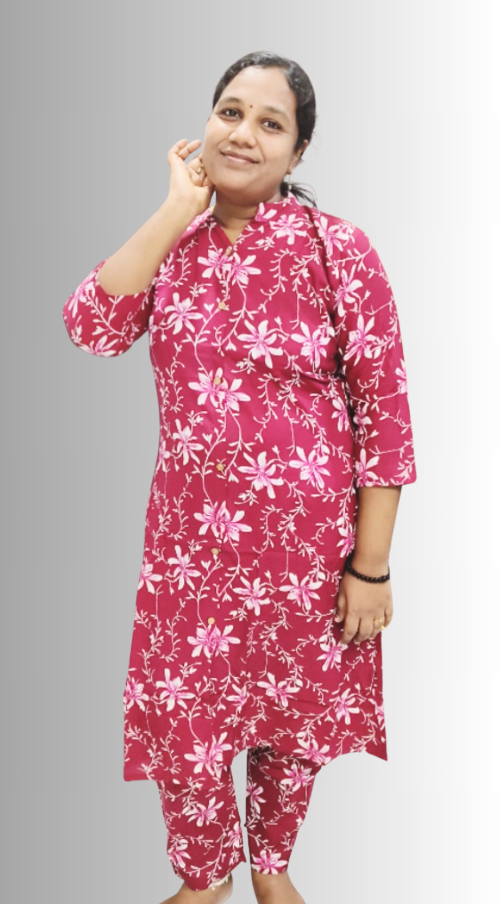 Maroon shade Cotton Floral Printed A-line Co-ord Set for Women (Top & Pant Set)