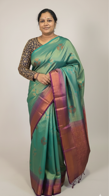 Green and Pink Bridal Soft Silk Saree with Brocade Running Blouse