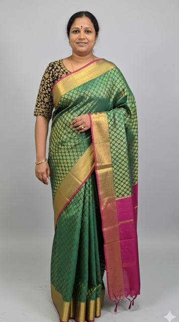 Sea Green and Pink Bridal Soft Silk Saree with Running Brocade Blouse