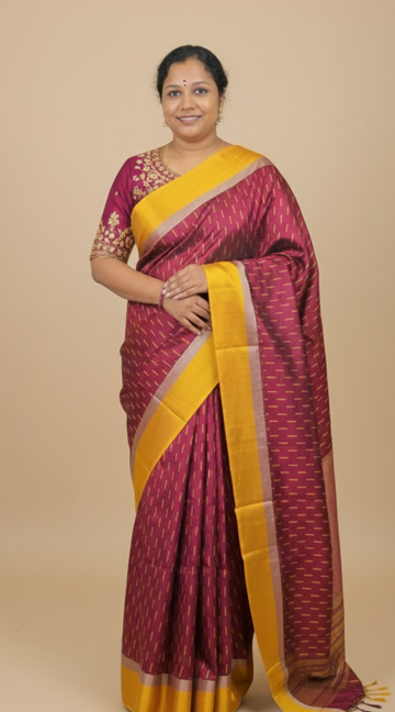 Maroon Semi Silk Dual-Tone Saree with Golden Border & Running Blouse