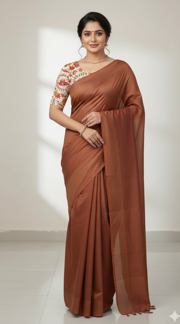 Brown Premium Khadi Saree with Unstitched Kalamkari Blouse Combo