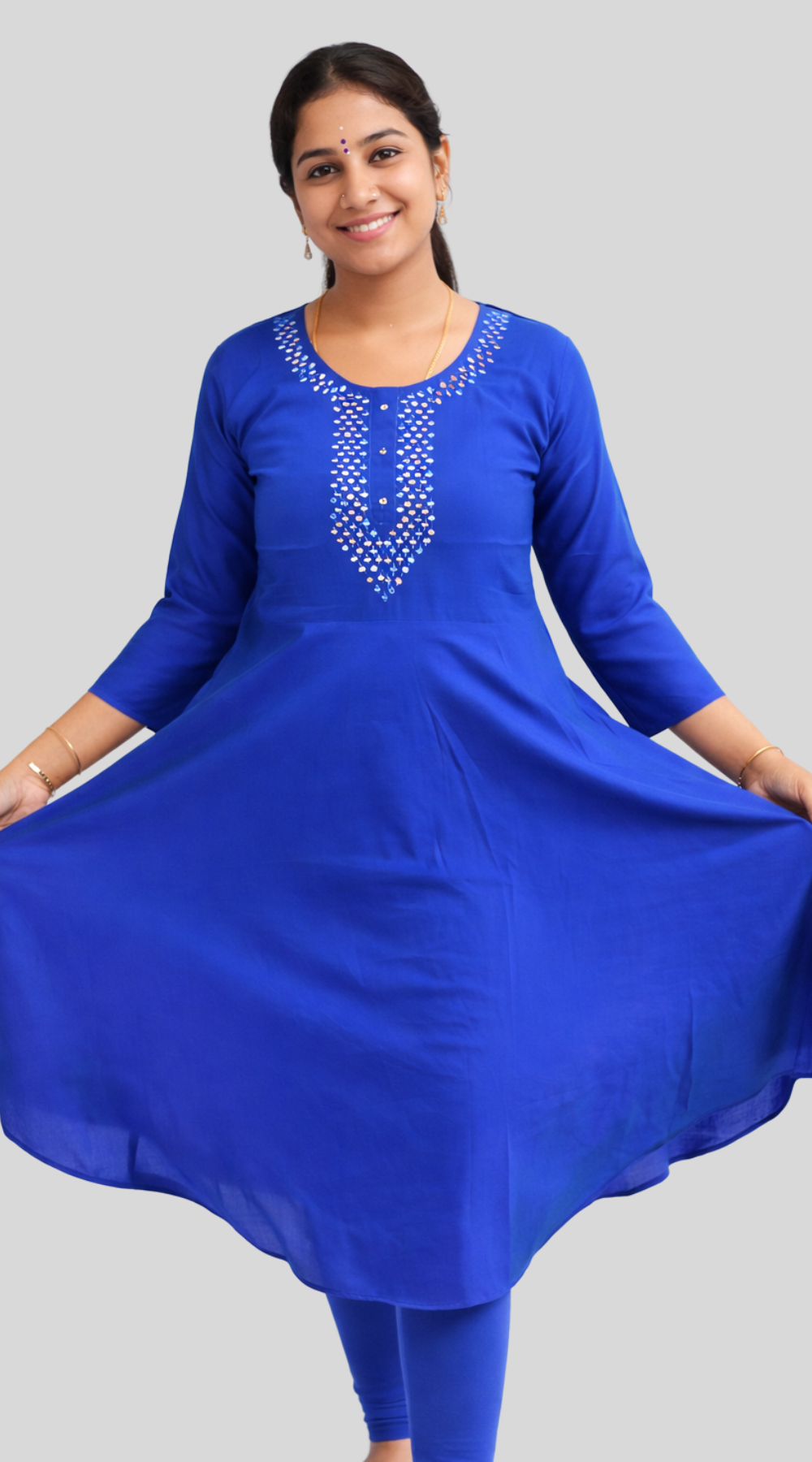 Peacock Blue Silk Mirror Work Umbrella Kurti with Crepe Lining
