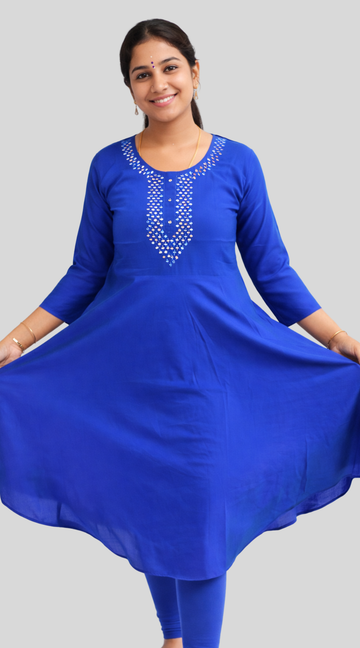 Peacock Blue Silk Mirror Work Umbrella Kurti with Crepe Lining