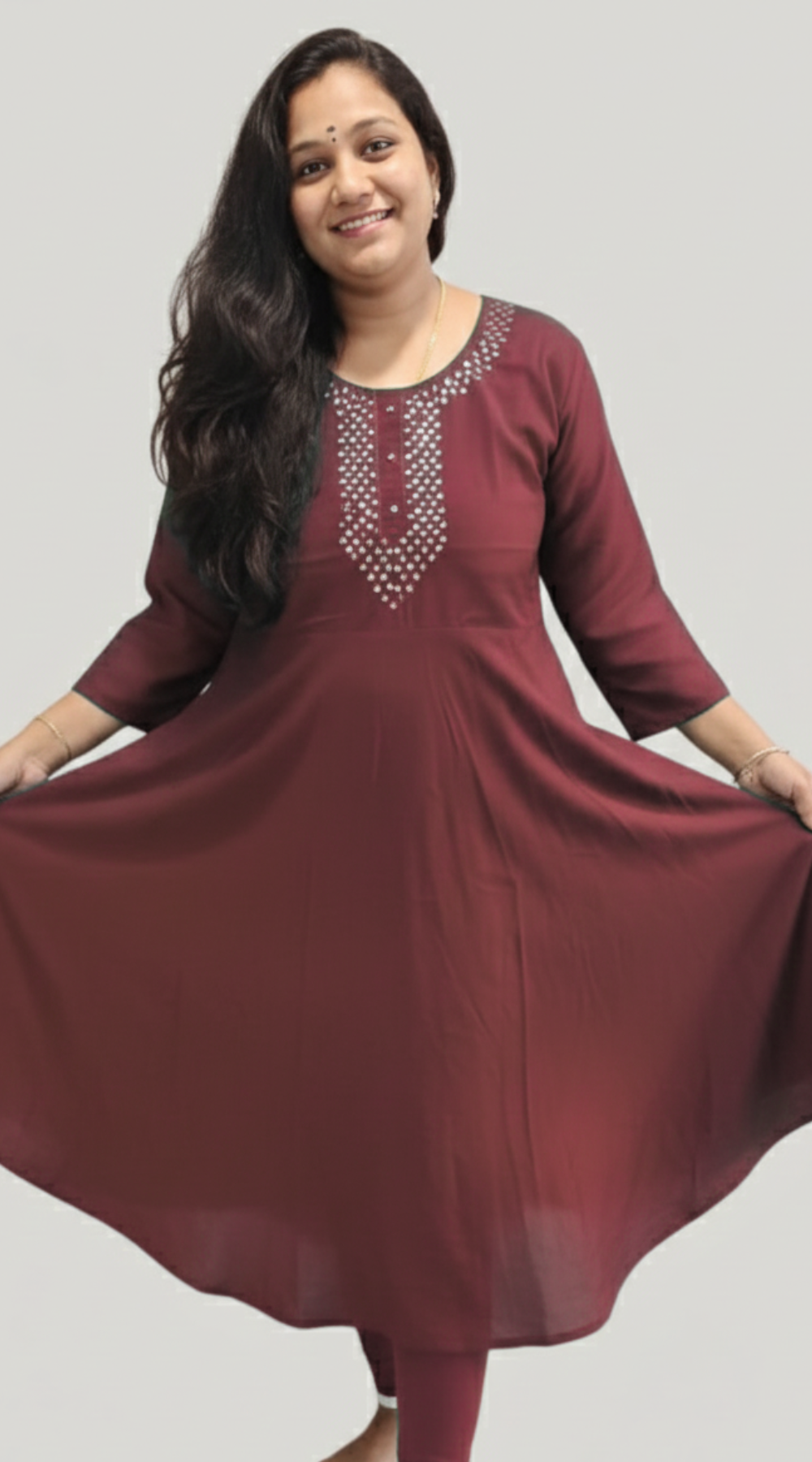 Maroon Silk Mirror Work Umbrella Kurti with Complete lining