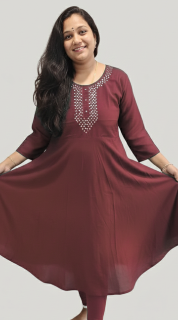 Maroon Silk Mirror Work Umbrella Kurti with Complete lining