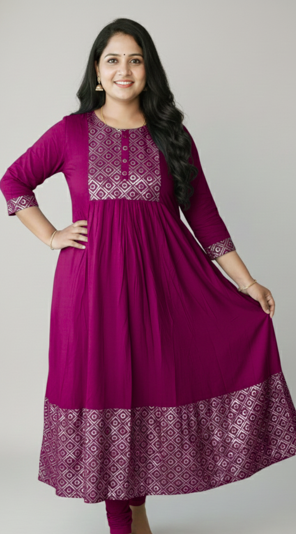 Purple Rayon Umbrella Kurti with Sequence work Yoke