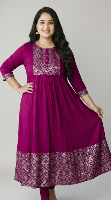 Purple Rayon Umbrella Kurti with Sequence work Yoke