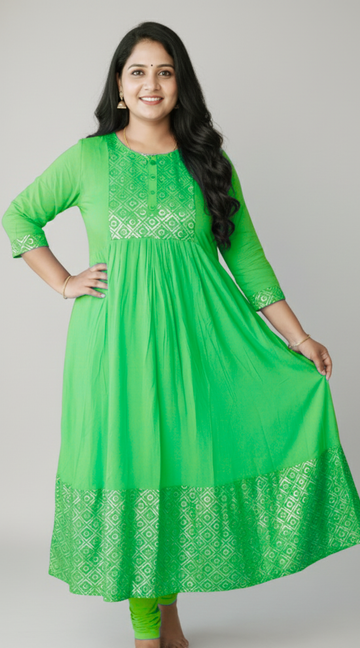 Parrot Green Rayon Umbrella Kurti with Sequence work Yoke