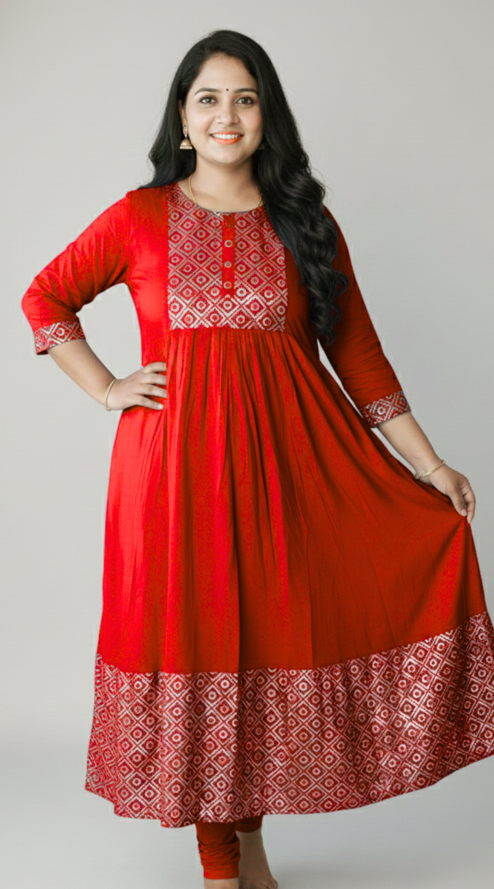 Red Rayon Umbrella Kurti with Sequence work