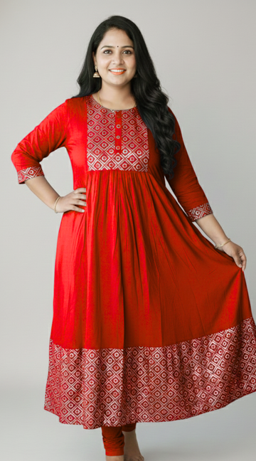 Red Rayon Umbrella Kurti with Sequence work