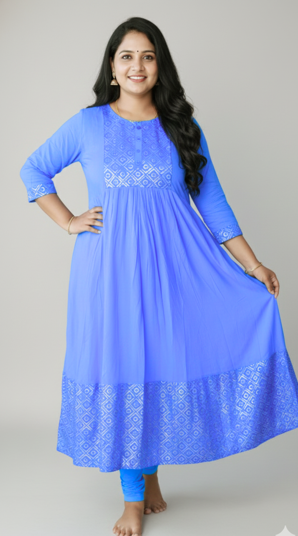 Sky Blue Rayon Umbrella Kurti with Sequence work Yoke