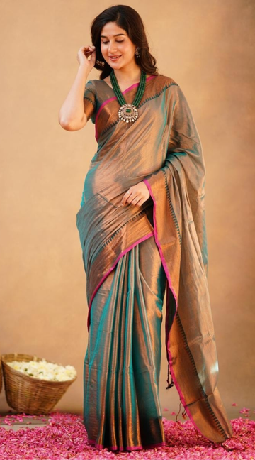 Golden Mint Green Raga Tissue Silk Saree with Running Blouse