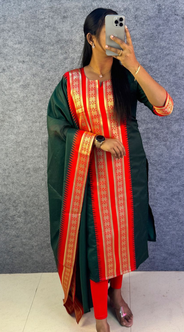 Green Pure Silk Cotton Kurti with Matching Dupatta