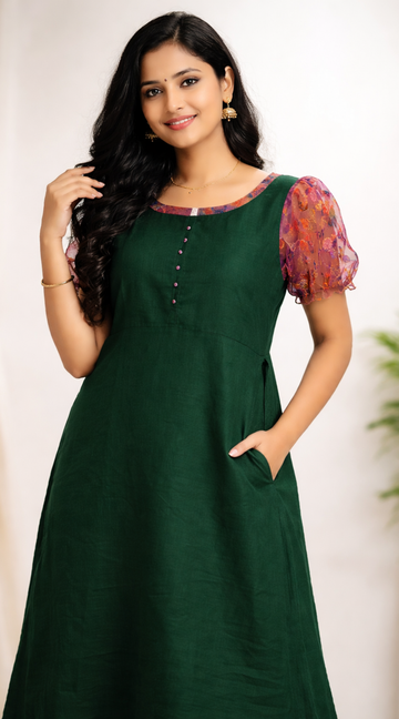 Dark Green Rose Silk Puff Sleeve Kurti with Lining | Elegant Flared Ethnic Wear