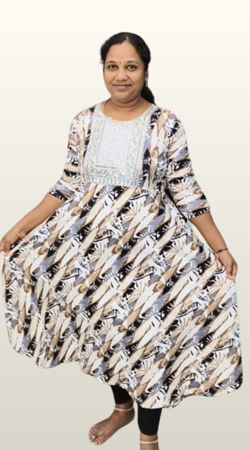 Brown Shade Popcorn Printed Umbrella Kurti with Embroidered Yoke