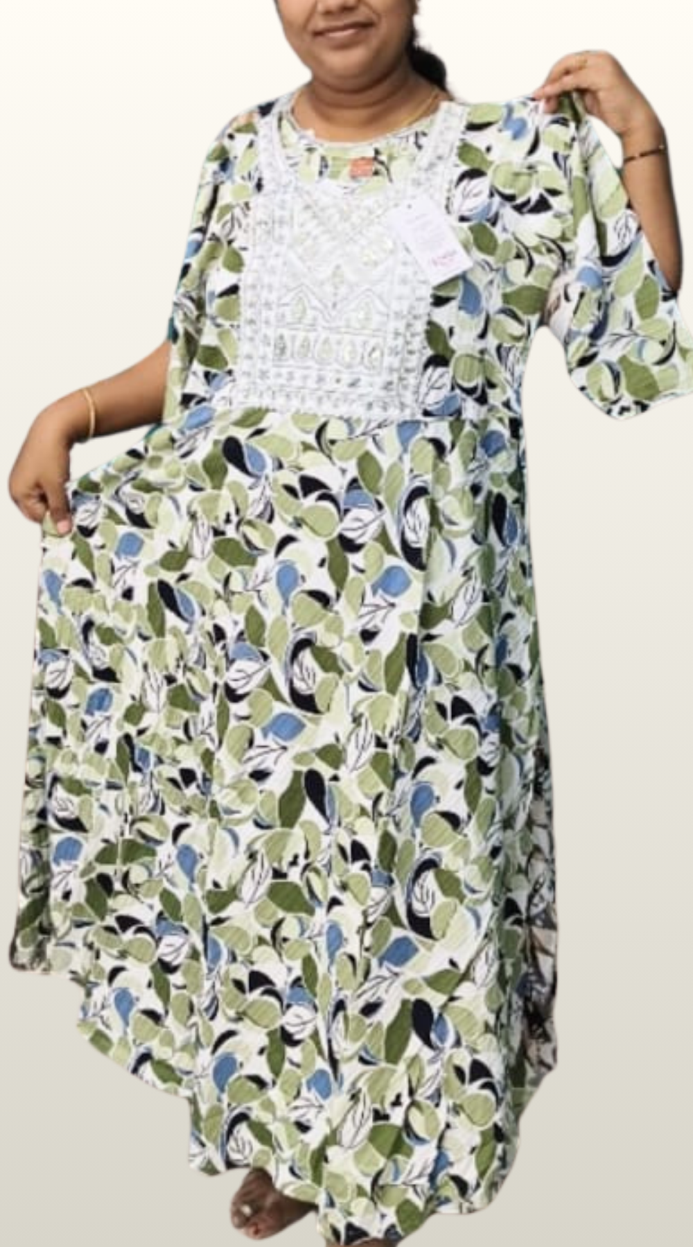 Green Shade Popcorn Printed Umbrella Kurti with Embroidered Yoke