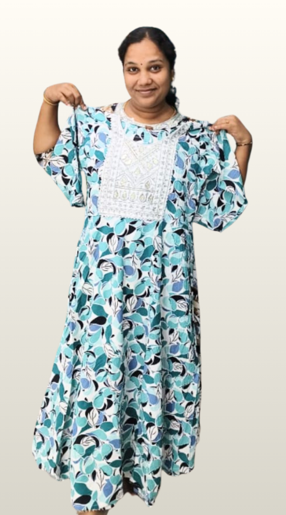 Blue Shade Popcorn Printed Umbrella Kurti with Embroidered Yoke