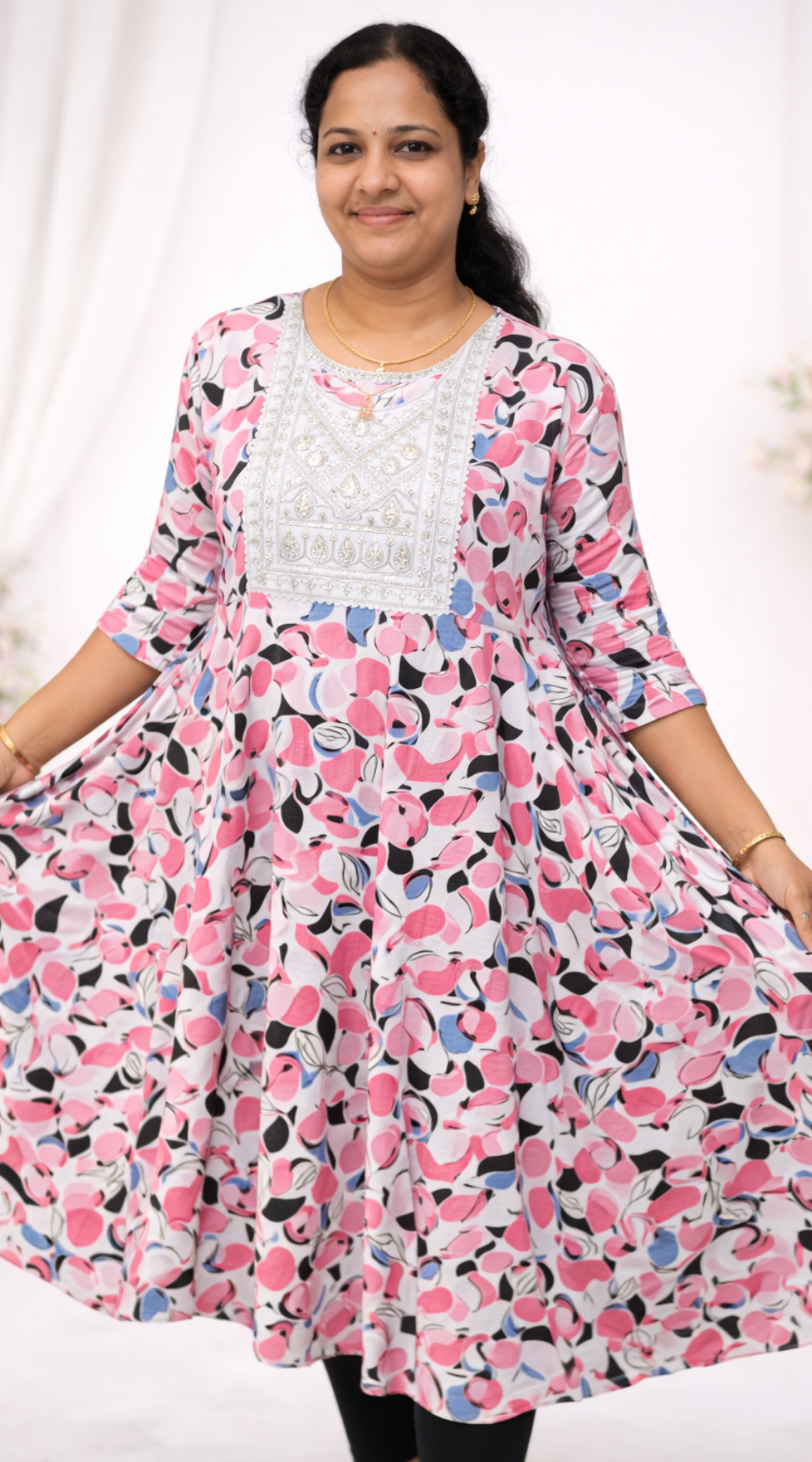 Pink Shade Popcorn Printed Umbrella Kurti with Embroidered Yoke