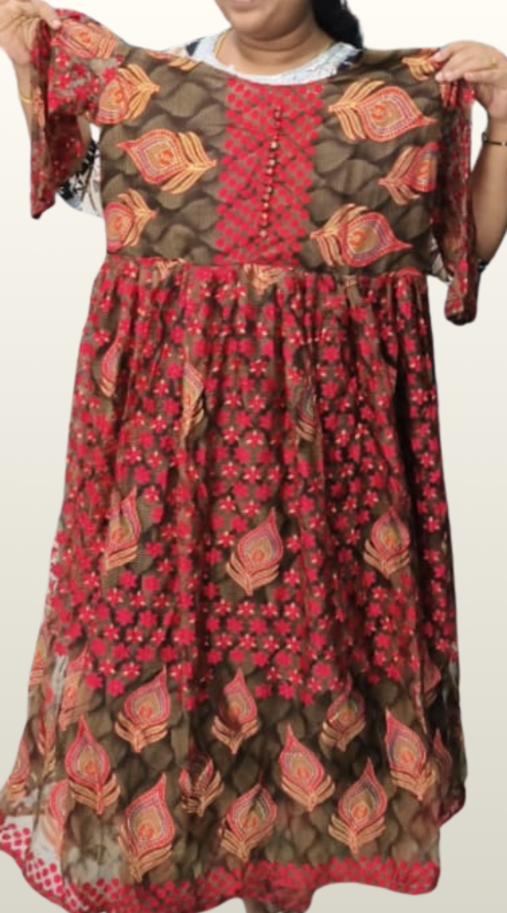 Red with Grey Brasso Silk Anarkali Long Kurti with Lining