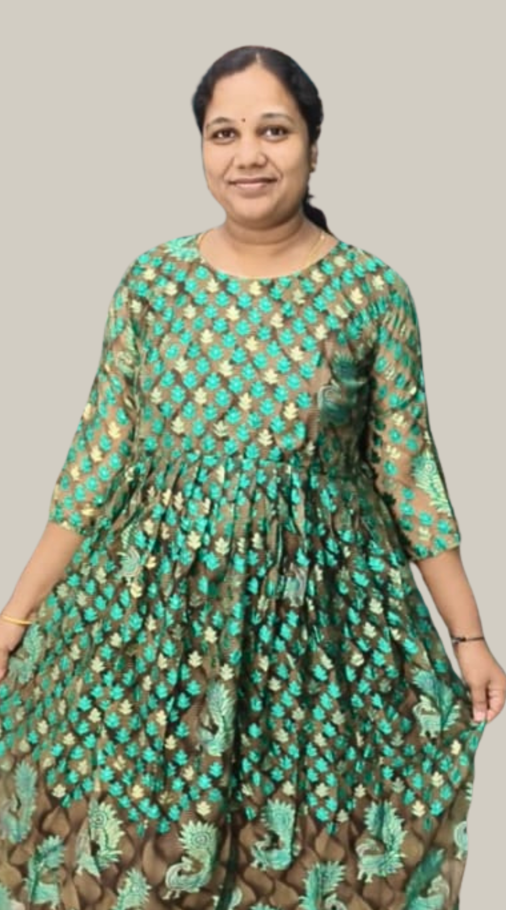 Green and Golden Brasso Silk Anarkali Long Kurti with Lining