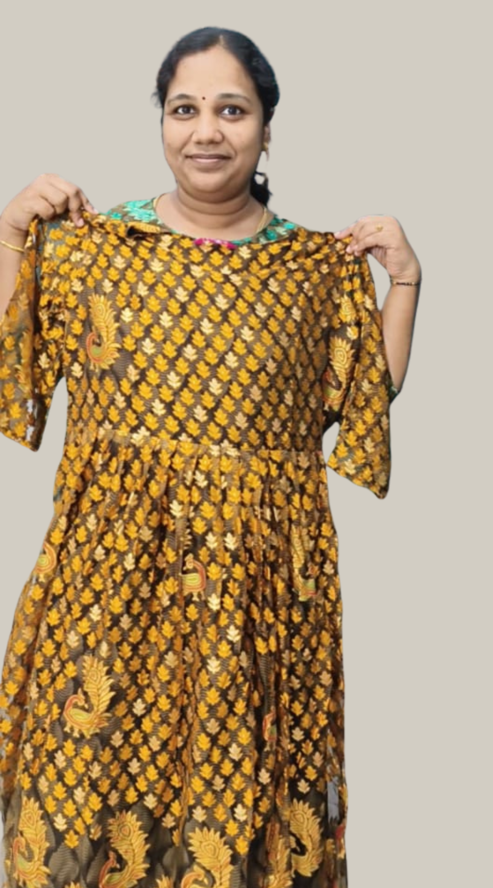 Green and Golden Brasso Silk Anarkali Long Kurti with Lining